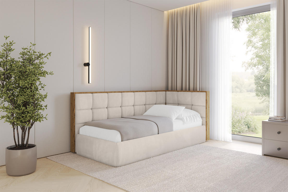EINZELLBETT Jugendbett mit Bettkasten und Matratze H3/H4, Links - SOVY 90x200 Beige - Ecru, Holzwerkstoff/Textil (90/200cm) - ALTDECOR