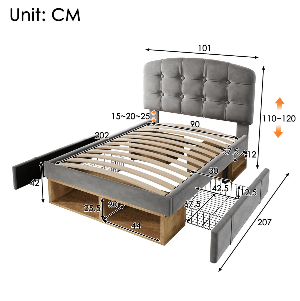 BETT mit Schubladen und Stauraum 90x200 cm Samt Grau - Grau, Metall (90/200cm) - Meubliv