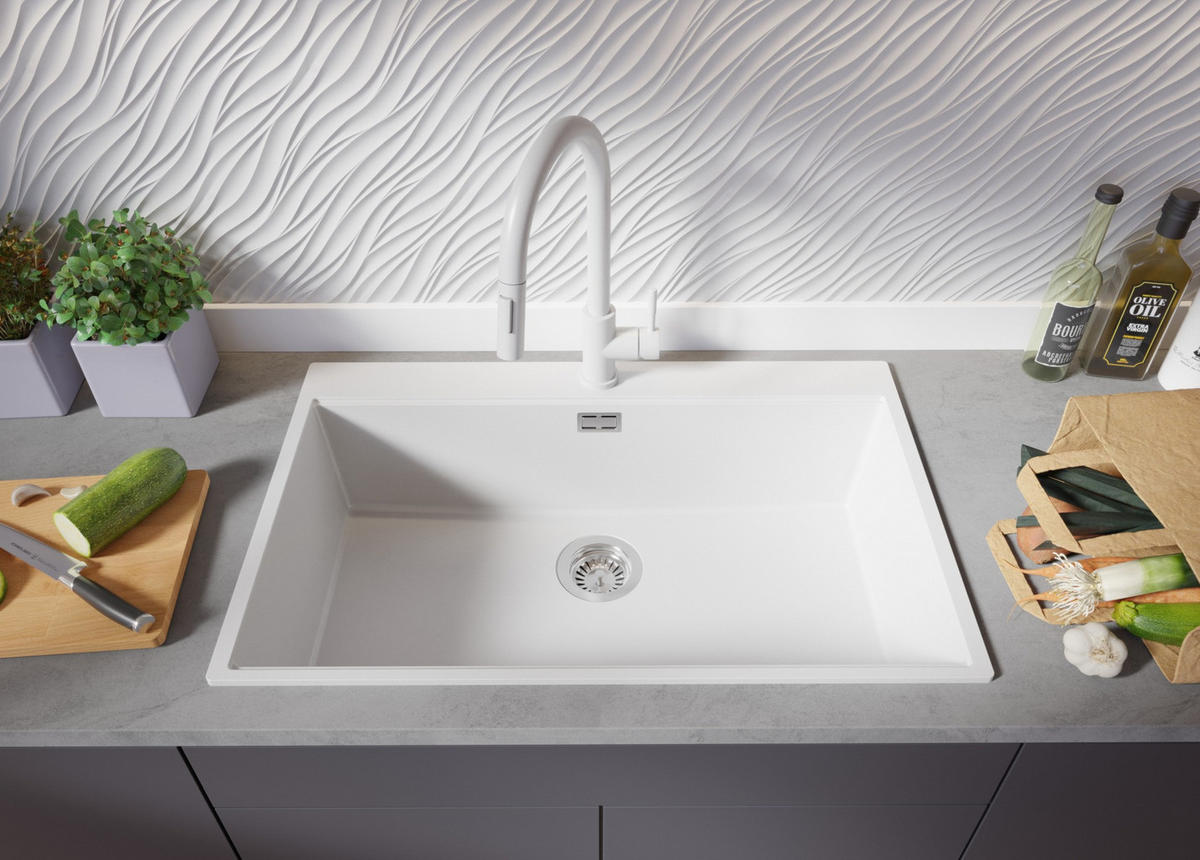 SPÜLBECKEN Oslo, 2-er set Weiß 78/50 cm 1 Becken + Ablauf-Set + Schneidebrett ab 80er Unterschrank - Chromfarben/Beige, Kunststoff (78/20/50cm) - Primagran