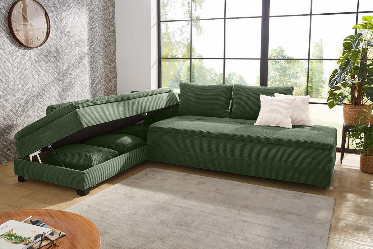 ECKSOFA-DAUERSCHLÄFER Doppelbett Boxspring Federkern Topper, seitenverkehrt montierbar B306/T223/H95 cm, Cord Grün / 15164 - Schwarz/Grün, Kunststoff/Textil (306/223cm) - luma-home