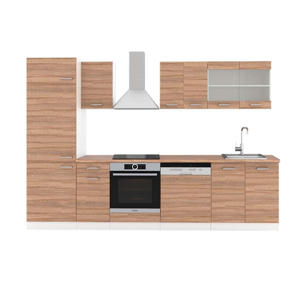 KÜCHENZEILE R-Line Sonoma/Weiß 300 cm, AP Eiche - Weiß/Sonoma Eiche, Holzwerkstoff (300/81.6/60cm) - Vicco