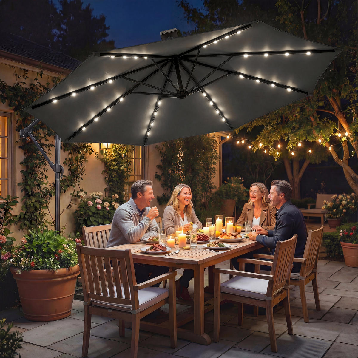 AMPELSCHIRM mit Solar LED Metall Polyester Dunkelgrau - Dunkelgrau, Textil/Metall (300/300cm) - Outsunny