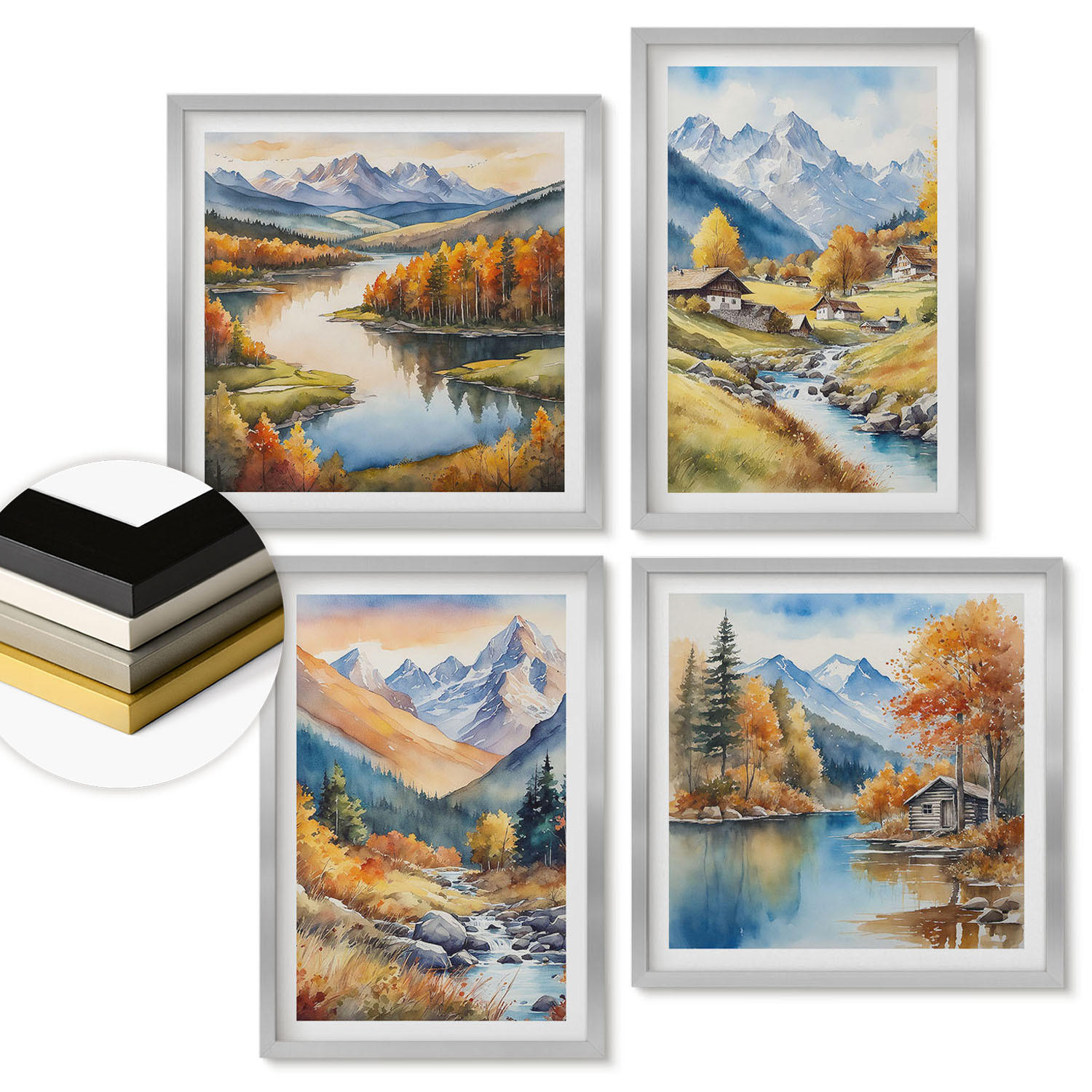 WANDBILDER 4er Set - 50x50 cm & 40x60 cm Silberner Rahmen - Herbstliche Naturlandschaften - Silberfarben, Kunststoff (50/50cm) - ArtPrintCave