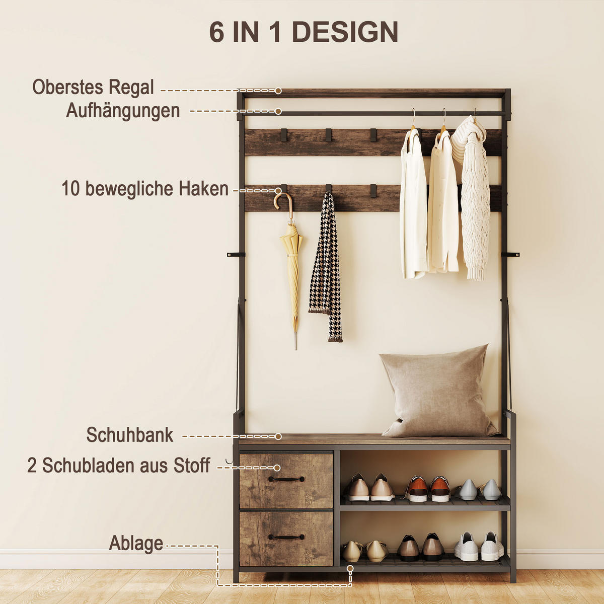 GARDEROBENSTÄNDER mit Sitzbank 100/40/180 cm - Braun, Holzwerkstoff (40/180/100cm) - HOMCOM