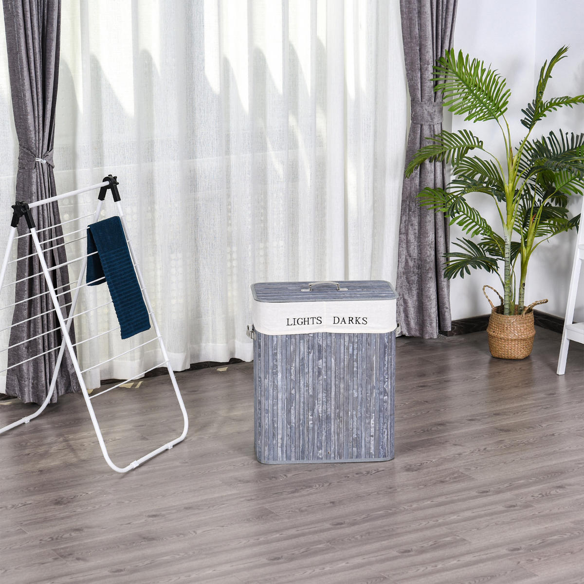 WÄSCHEKORB, Bambus, Segeltuch, PU, Grau - Grau, Naturmaterialien (32/63/52cm) - HOMCOM