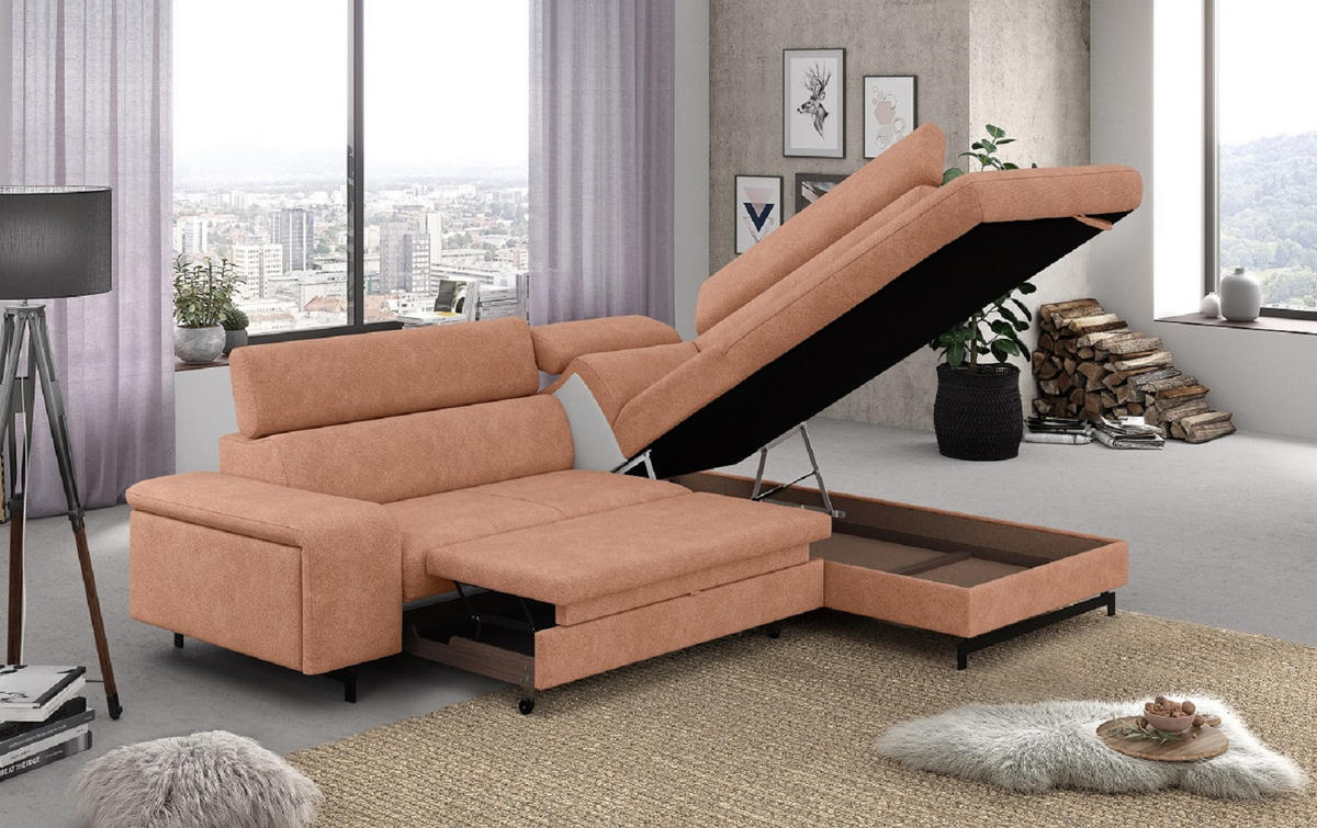 ECKSOFA mit Schlaffunktion und Bettkasten - Schwarz/Kupferfarben, Kunststoff/Textil (215/262cm) - Cotta