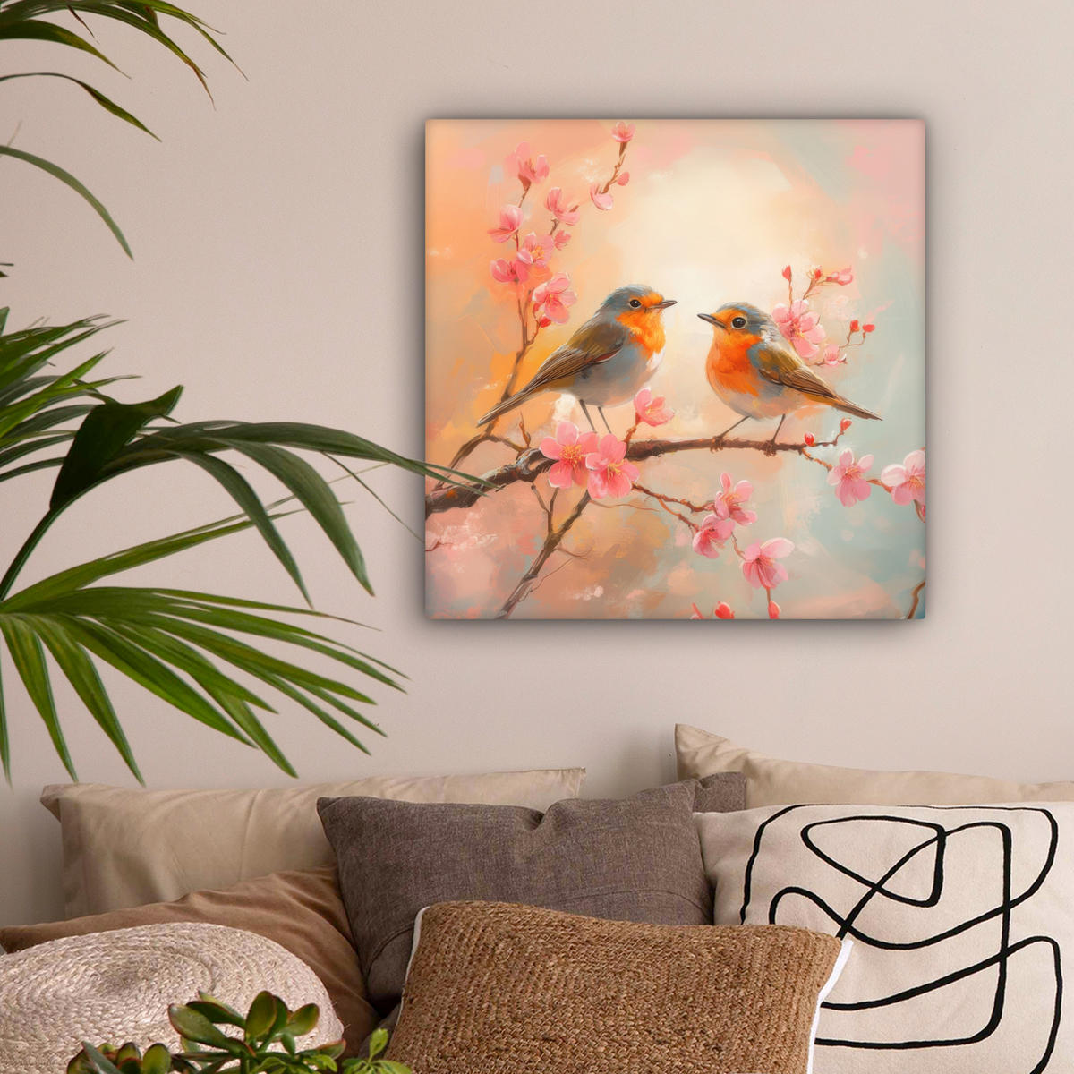 LEINWANDBILD Rotkehlchen - Zierpflanze - Blütenzweig Wandbild Wohnzimmer 50x50 cm - Hellrosa, Textil (50/50cm) - MuchoWow