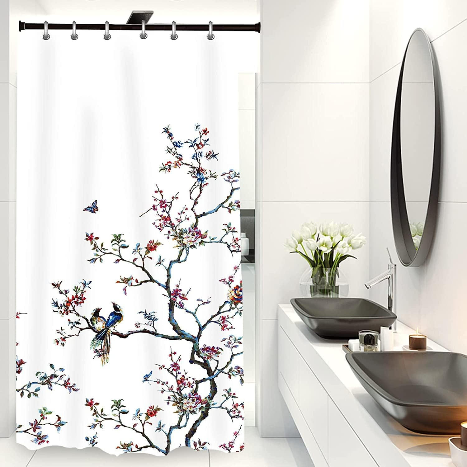 DUSCHVORHANG Weiß Vogel Muster 90 x 180 cm schimmelresistent mit Haken - Multicolor, Textil (90/180cm) - MCBOSON