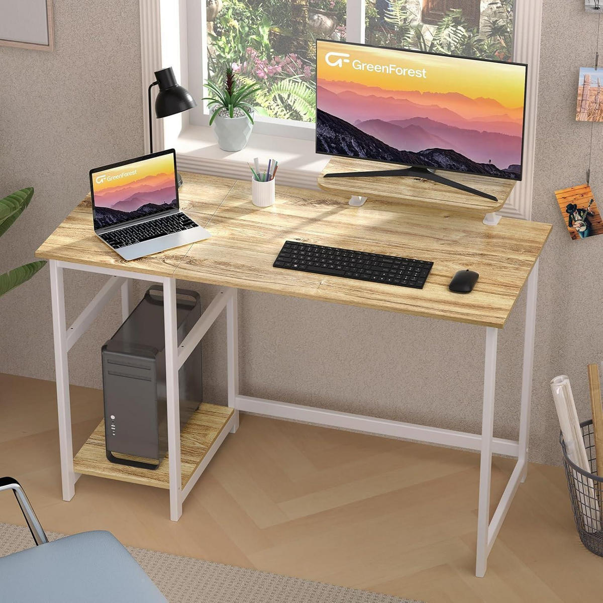 SCHREIBTISCH mit Stauraum und Monitorständer 120 x 50 cm Beige - Beige, Holzwerkstoff (120/55/75cm)