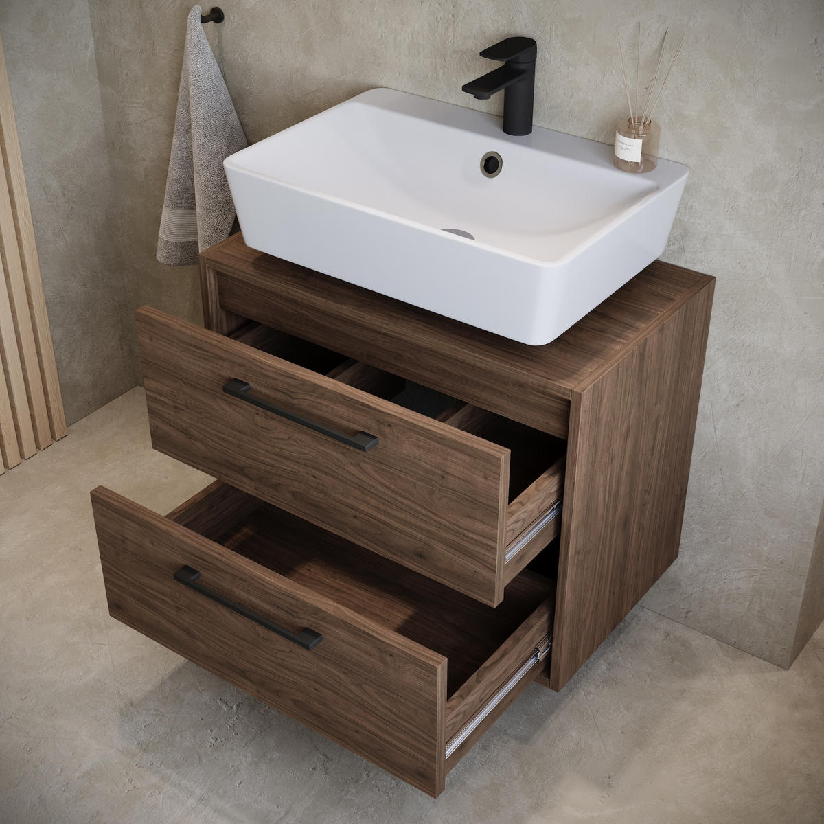 WASCHBECKENUNTERSCHRANK Florence 2 Schubladen Walnuss Braun - 60 x 35 x 47 cm - Eichefarben, Holz (60/47/35cm) - Badplaats