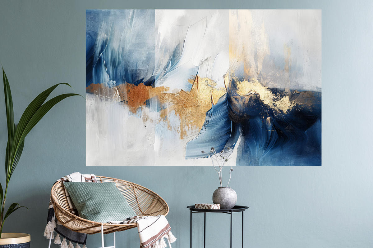 WANDTATTOO Gold - Blau - Aquarell - Kunst - Modern 120x80 cm - Hellblau, Kunststoff (120/80/0.1cm) - MuchoWow