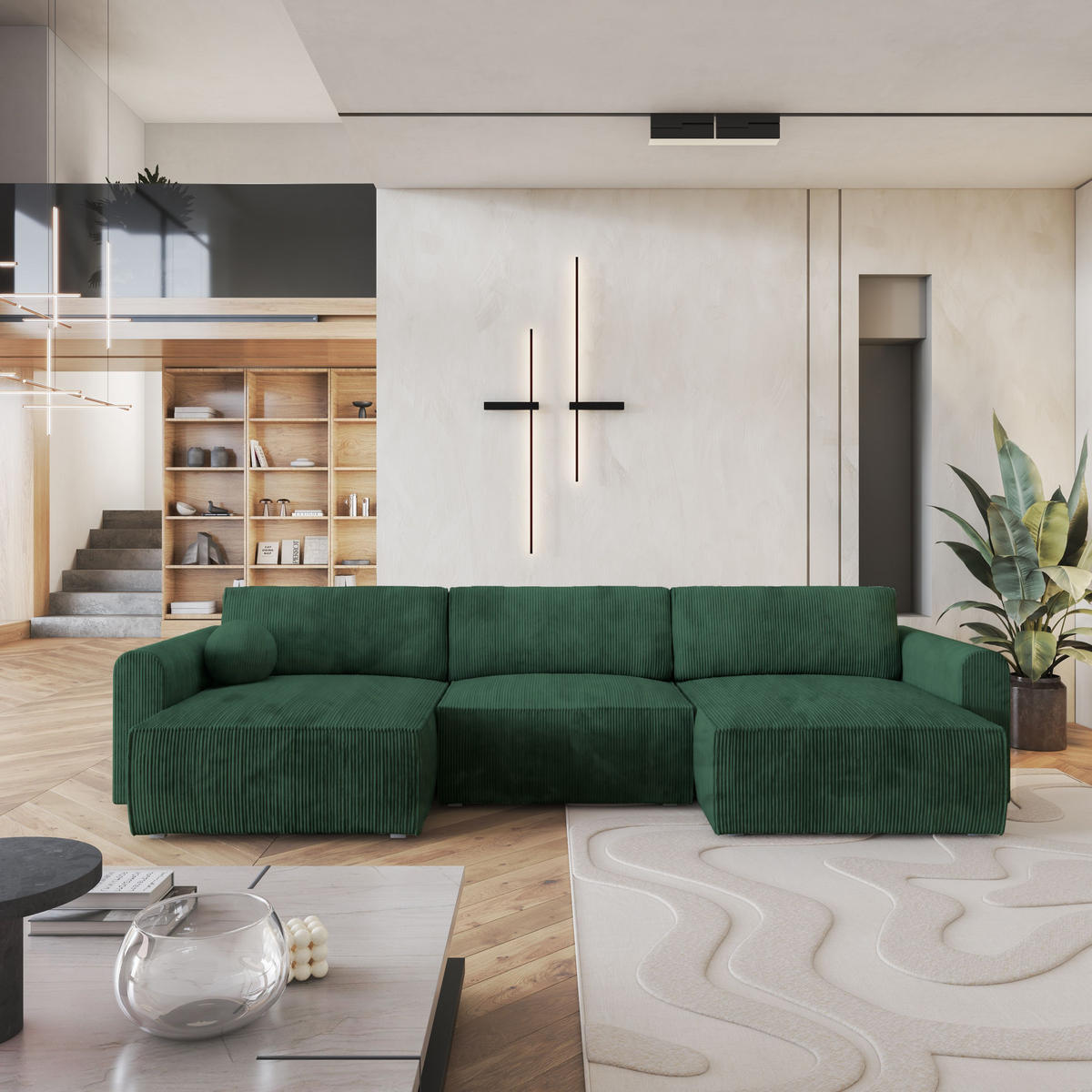 ROHOVÁ SEDAČKA FENTO tmavě zelená - šedá/tmavě zelená, dřevo/textil (347/148cm) - MASSENO