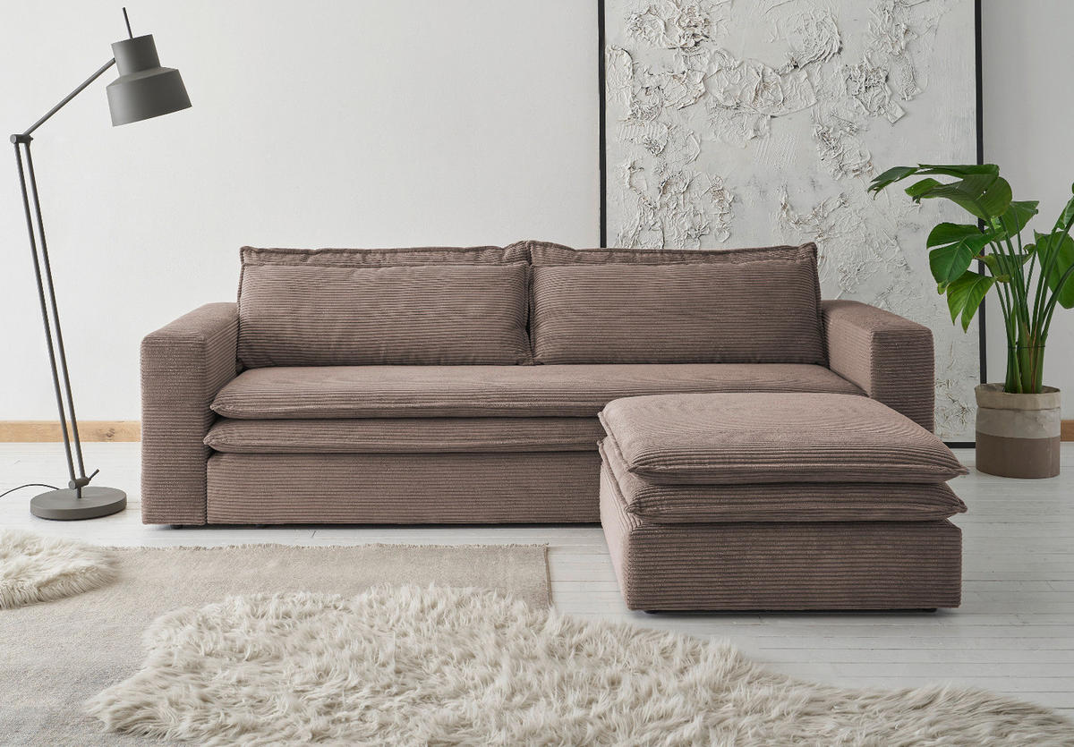 SOFA-SET braun Cord, Couch 3-Sitzer mit Bettfunktion inklusive Hocker - Beige/Braun, Holz/Textil (244/83/176cm) - Furn.Design