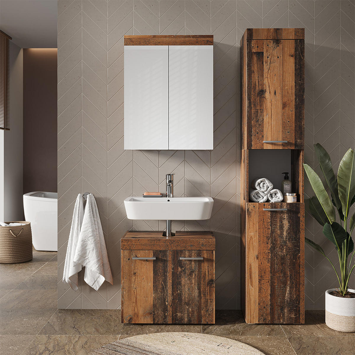 BADMÖBEL-SET Luna Oldstyle 3 Teile, mit Hochschrank - Braun, Holzwerkstoff (60/56/34cm) - Vicco