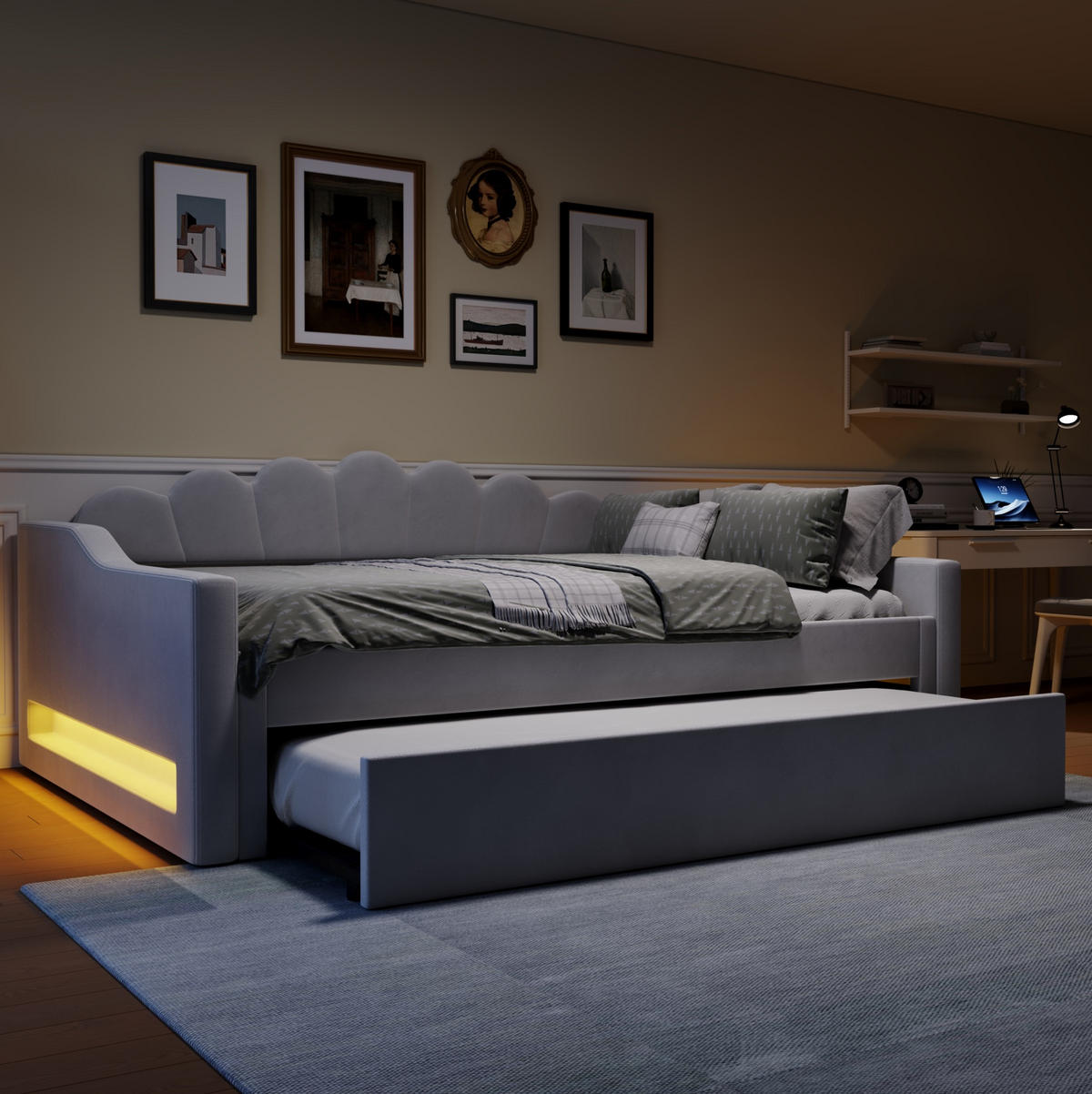 POLSTERBETT 140/200 cm mit Ausziehbett und LED-Beleuchtung in Grau - Grau, Holzwerkstoff (140/200cm) - BEAOK