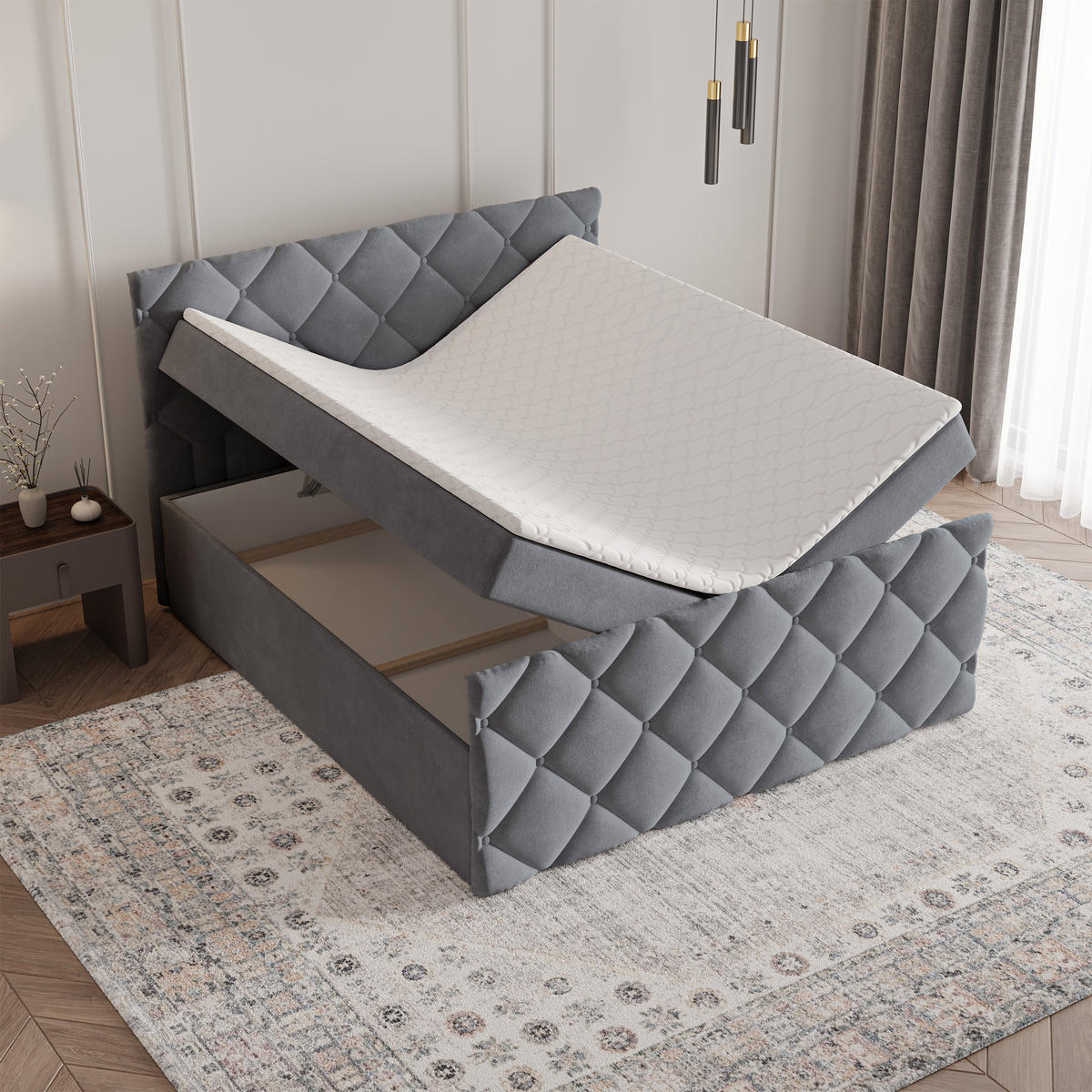 BOXBETT ROVARI 180x200 cm mit Matratze und Topper - Grau - Grau, Holz (180/200cm) - MASSENO