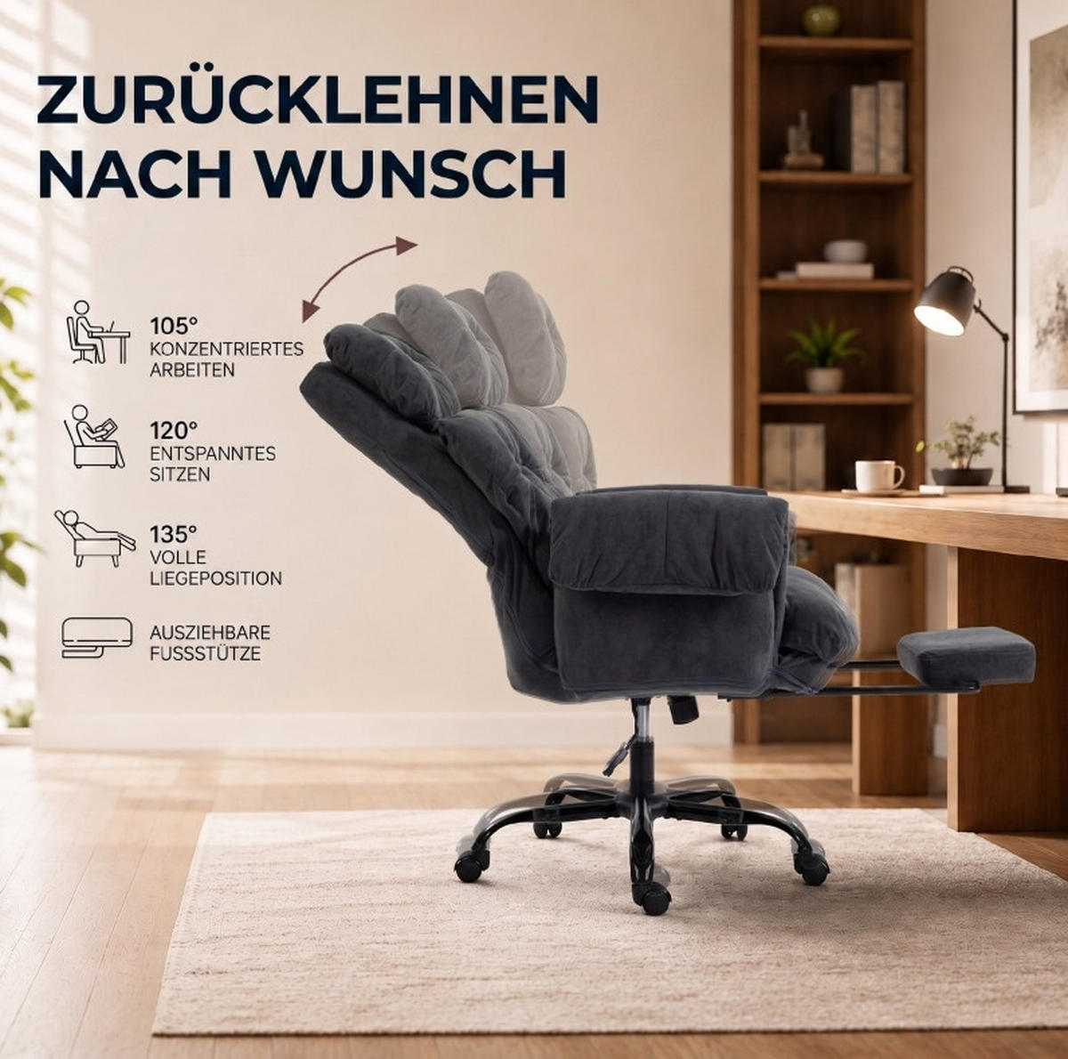 BÜROSTUHL in Dunkelgrau 77x80x116 cm mit verstellbarer Rückenlehne und Fußstütze - Dunkelgrau, Metall (80/116/77cm) - IVMEU