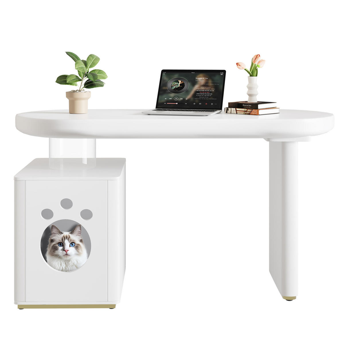 SCHREIBTISCH mit Haustierbett 117/50/76 cm weiß MDF, abgerundete Kurven - Weiß, Holzwerkstoff (117/50/76cm) - OKWISH