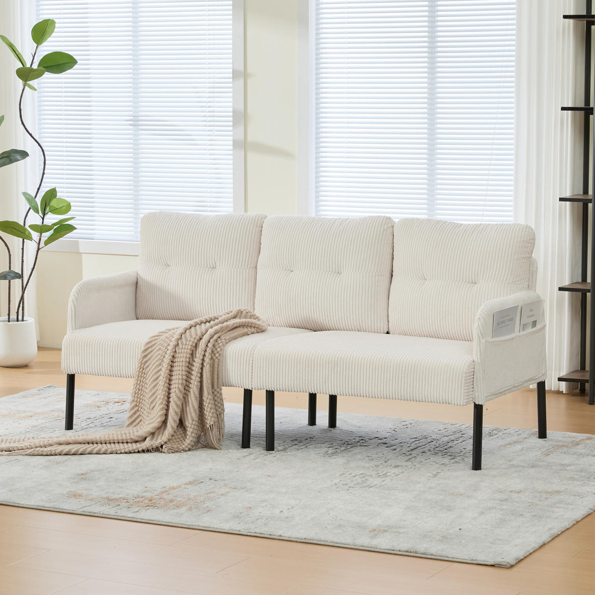 SOFA 3-Sitzer mit Seitentasche 171 x 72 x 80 cm Cord Beige - Beige, Kunststoff (171/80/72cm) - Meubliv