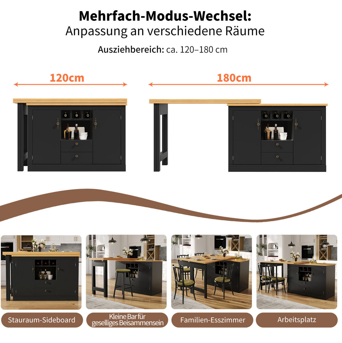 BAROVÝ stůl 120-180/40/76 cm s otočnou deskou, úložným prostorem a policí na víno, MDF, Černá/Přírodní - černá, kompozitní dřevo (40/180/76cm) - Redom
