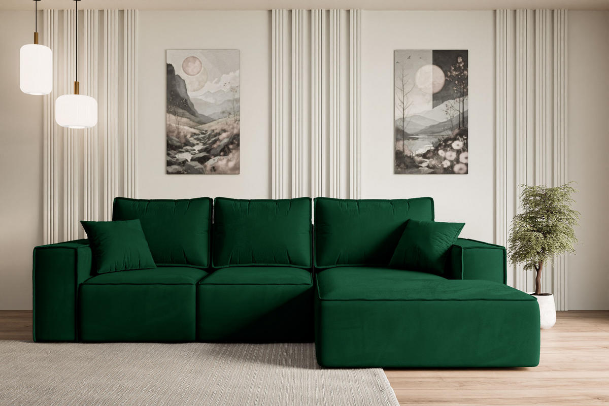 ECKSOFA mit Schlaffunktion und Bettkasten SERRA-L-S - 266x161x87 cm Grün Velours - Schwarz/Grün, Holzwerkstoff/Kunststoff (266/161cm) - ALTDECOR