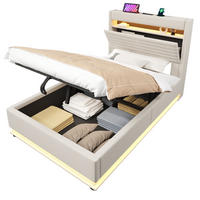POLSTERBETT 90/200 cm mit LED-Beleuchtung, USB- und Typ-C-Anschluss, hydraulischem Stauraum aus Leinen, Beige - Beige, Textil (90/200cm) - Redom