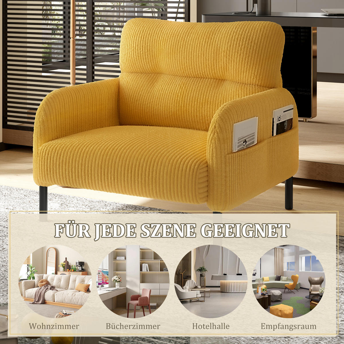 SESSEL Cord Gelb mit Seitentasche - Gelb, Textil/Metall (67/79/75cm) - WISHDOR