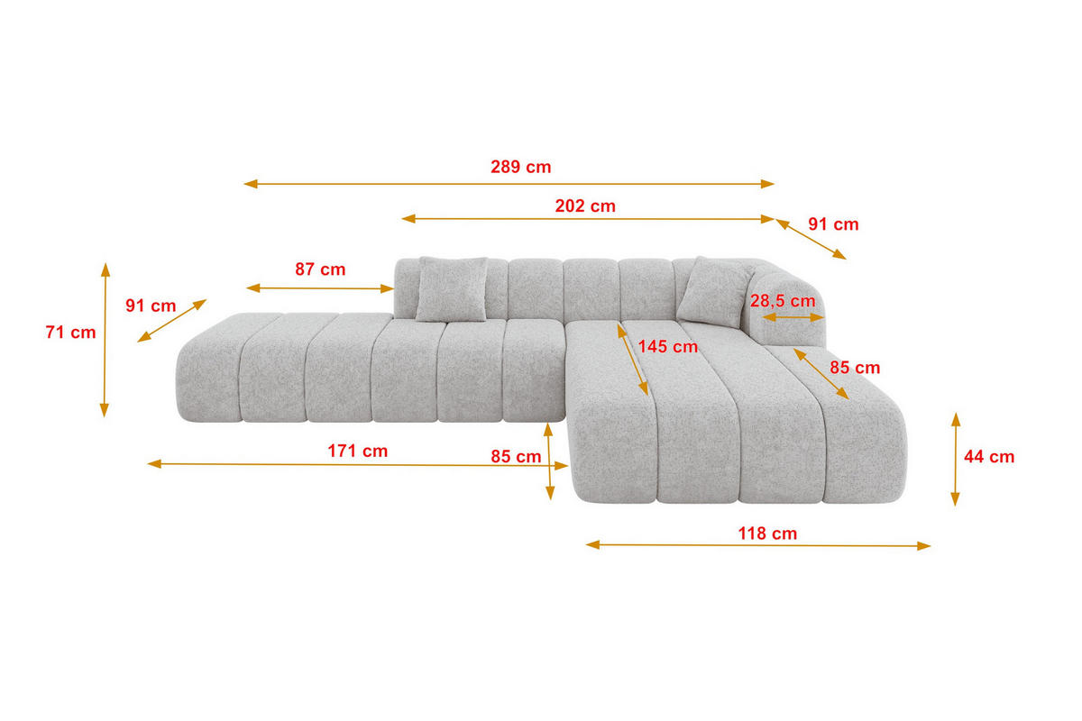 ROHOVÁ SEDAČKA s otomanem, pravá BILA-L 289x176x71 Šedá Žinylka - šedá/černá, kompozitní dřevo/textil (289/176cm) - ALTDECOR