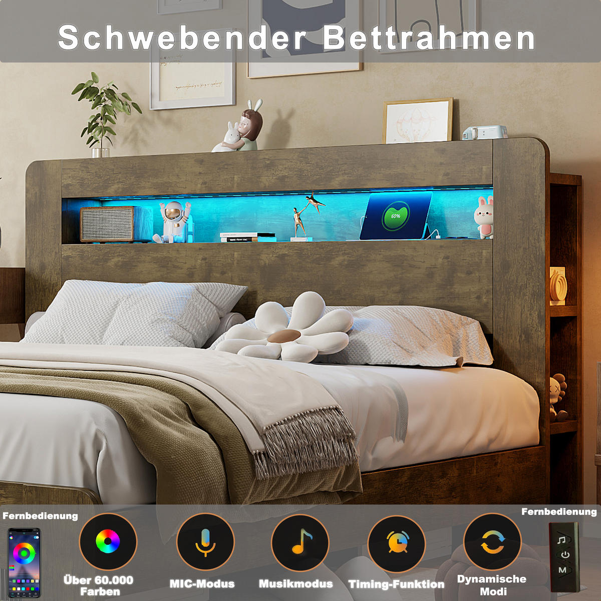BETT 140/200 cm in Vintage-Holz mit Stauraum, LED und Steckdosen - Nussbaumfarben, Holz/Holzwerkstoff (140/200cm) - WISHDOR