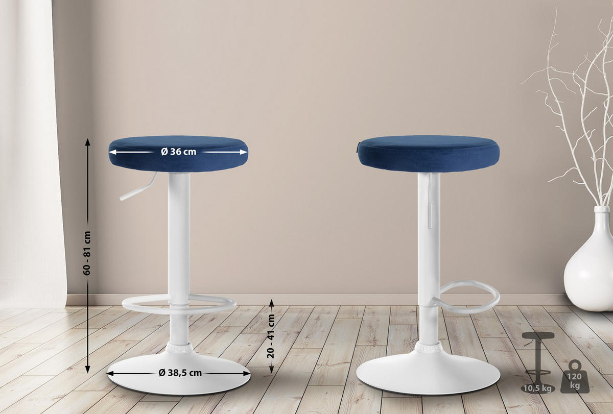 BARHOCKER 2er Set Pontius Samt weiß blau - Blau/Weiß, Textil/Metall (38.5/81/38.5cm) - TPFLiving