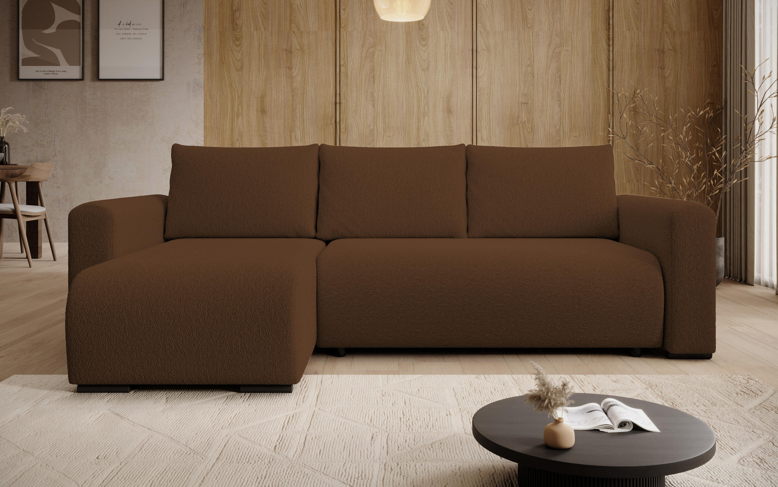 ECKSOFA DORA L, Eckcouch in L-Form mit Schlaffunktion und Bettkasten, Farbe: Braun, Bouclé-Stoff, Ottomane Links - Braun, Textil (240/143cm) - Storez24