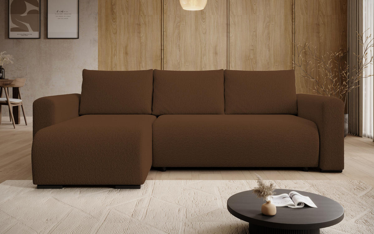 ECKSOFA DORA L, Eckcouch in L-Form mit Schlaffunktion und Bettkasten, Farbe: Braun, Bouclé-Stoff, Ottomane Links - Braun, Textil (240/143cm) - Storez24