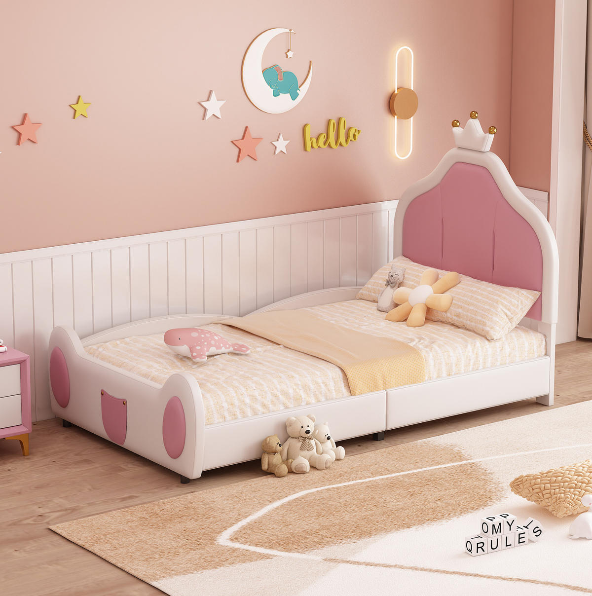 KINDERBETT 90/200 cm aus Kunstleder in Weiß/Rosa mit Kronen-Kopfteil - Weiß, Textil (90/200cm) - BEAOK