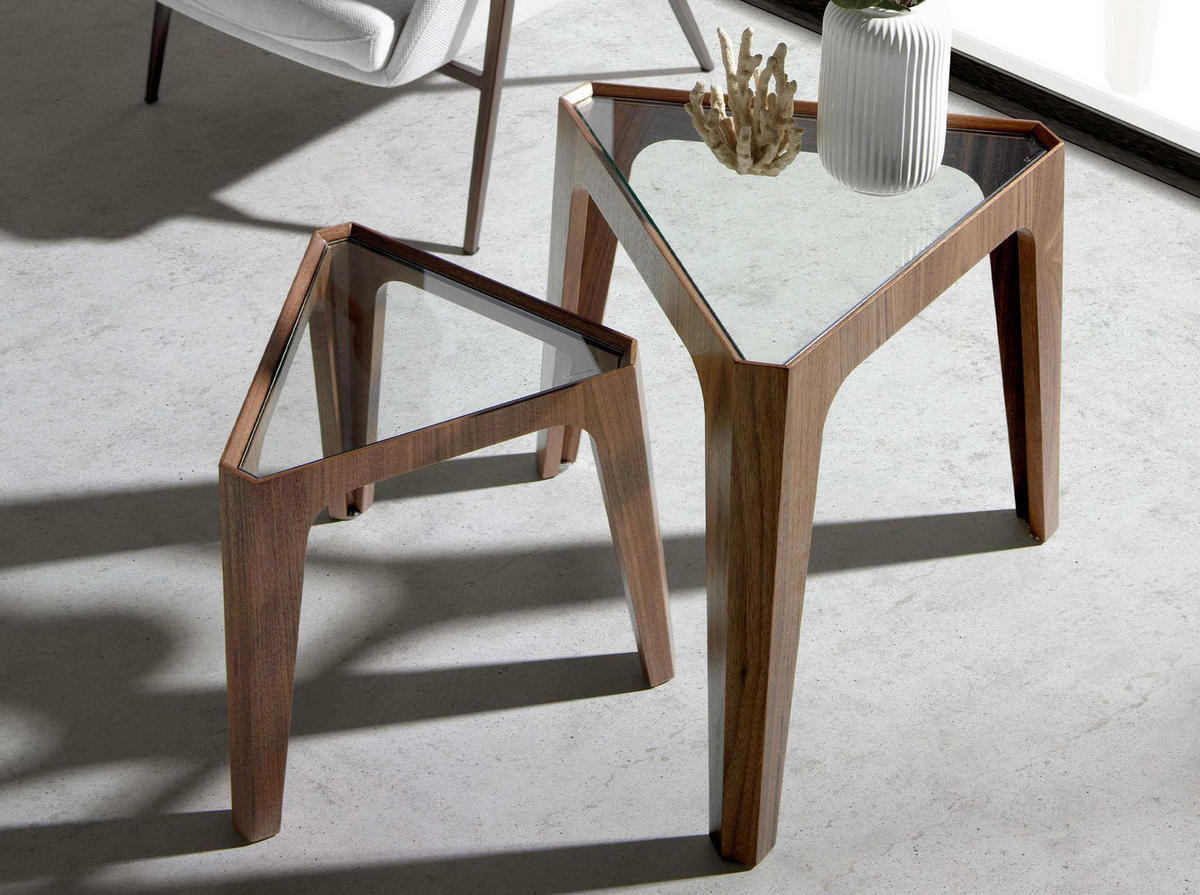 ECKTISCH Dreieckiger aus gehärtetem Glas und Nussbaum 45/39/42 cm - Transparent/Nussbaumfarben, Glas/Holz (39/45/42cm) - ANGEL CERDA