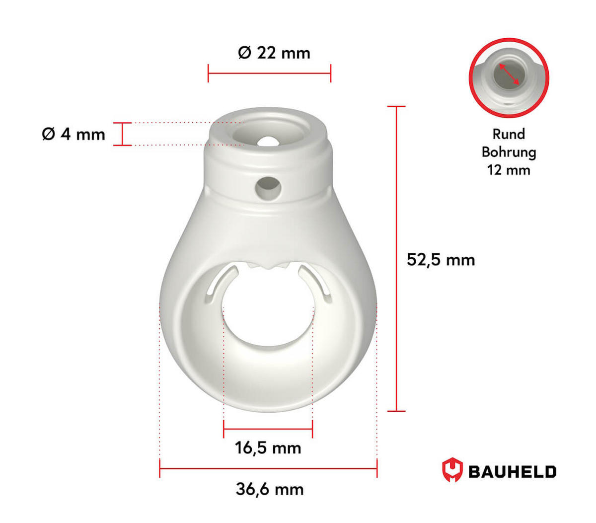 MARKISENÖSE Rund 12 mm Ral 9016 für Kugelhaken - Weiß, Kunststoff (1.2/5.2/5.2cm) - BAUHELD