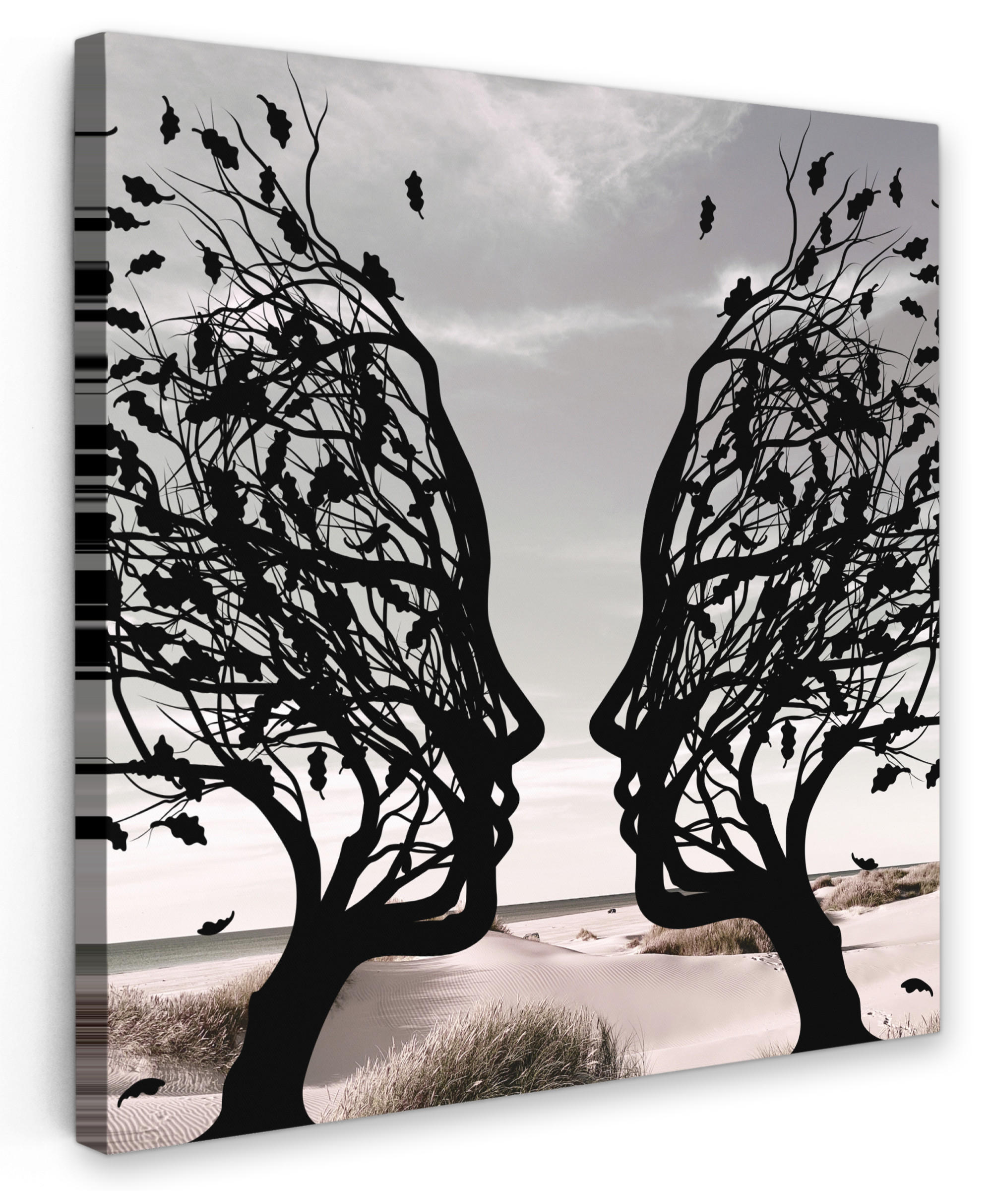 LEINWANDBILD Strand - Meer - Menschen - Baum - Moderne Kunst 90x90 cm - Hellgrau, Textil (90/90cm) - MuchoWow