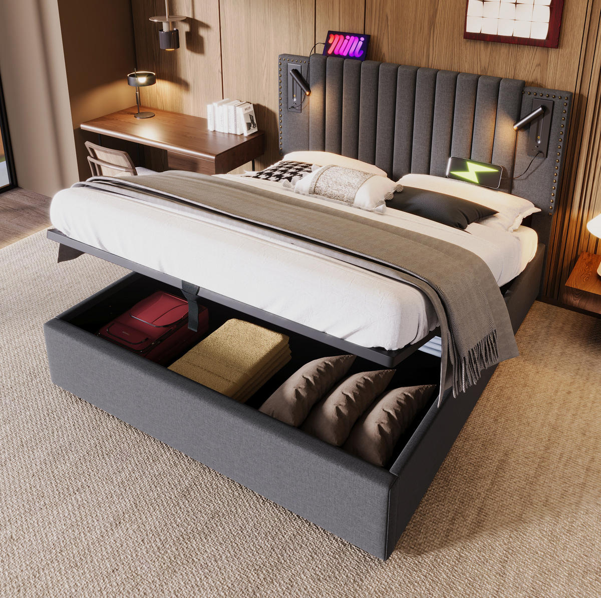 POLSTERBETT 140/200 cm aus Baumwolle mit Bettkasten, Matratze, Leselicht, USB- und USB-C-Anschlüssen, höhenverstellbarem Kopfteil, Grau - Grau, Textil (140/200cm) - Redom