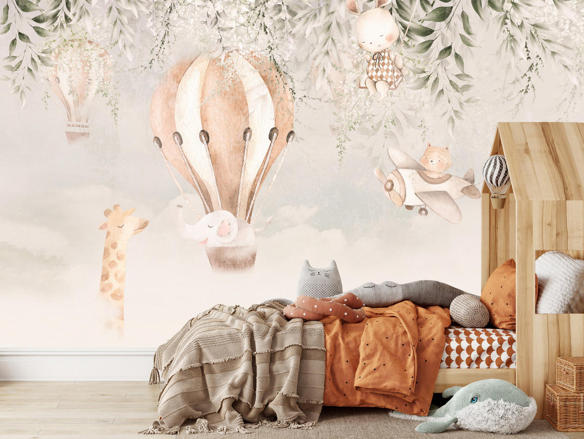 FOTOTAPETA Pre Detskú Izbu Zvieratá Oblaky Balóny Žirafa Slnko 500 x 350 cm - oranžová/hnedá, papier (500/350cm) - Muralo