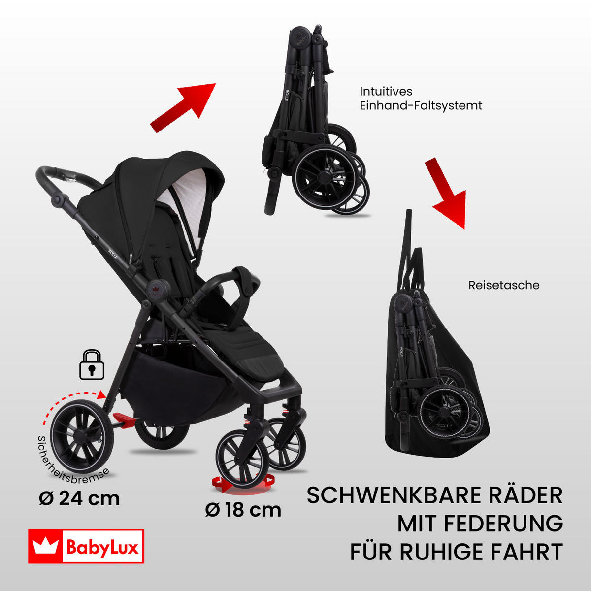 BUGGY Rolle, Klein und Leicht, Teleskopische Führung, Kompakt Faltbar, Wickeltasche, Reisetasche - Schwarz, Textil/Metall (58/99cm) - BabyLux