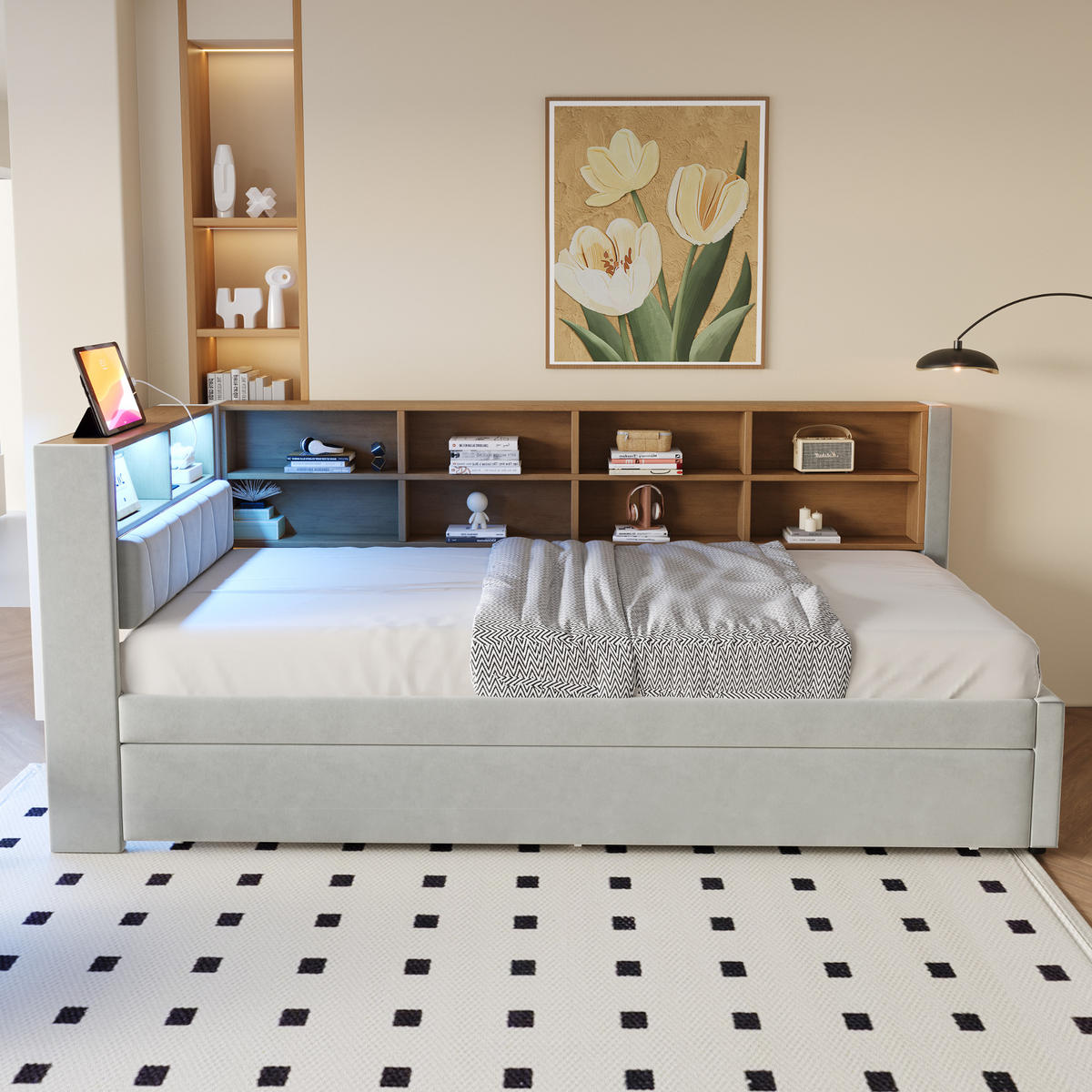 BETT mit Ausziehbett 90/200 und 90/190 cm mit LED-Beleuchtung und Ladeanschlüssen Flanell Hellgrau - Hellgrau, Textil (90/200cm) - OKWISH