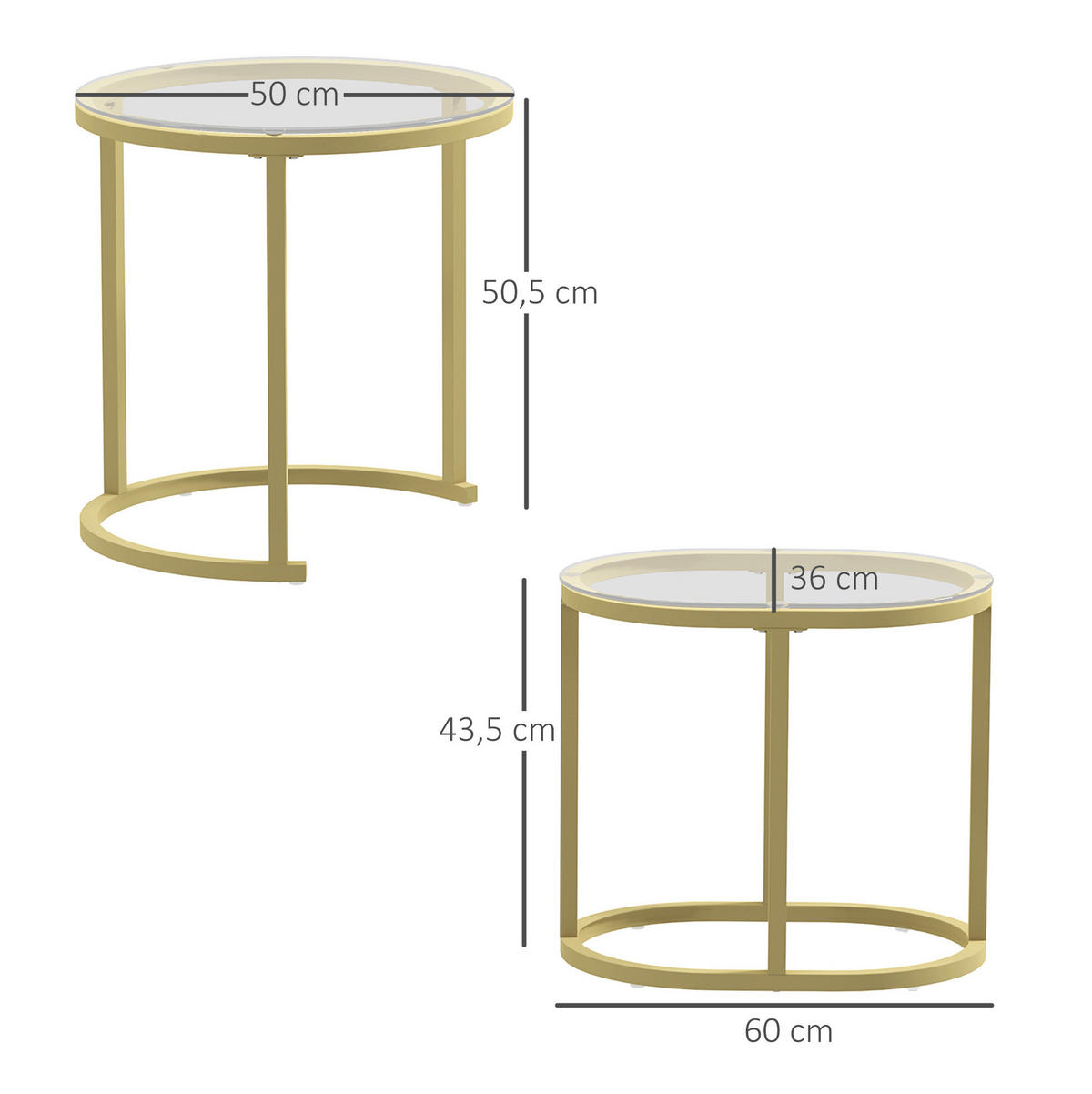 COUCHTISCH-SET 2-teilig Ø 50 x 50,5 cm und 60/36/43,5 cm stapelbar mit Hartglasplatte, Gold - Goldfarben, Metall (50/50/50.5cm) - Modfu