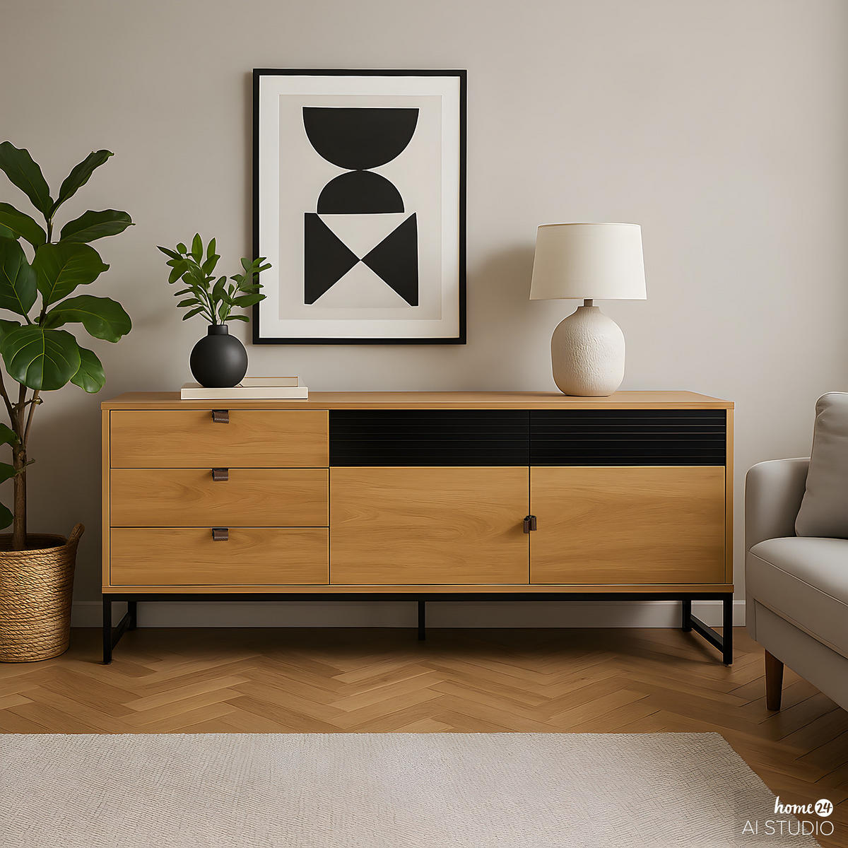 SIDEBOARD - 180 cm - Eichefarben/Schwarz, Holzwerkstoff/Kunststoff (180/75/40cm) - home24