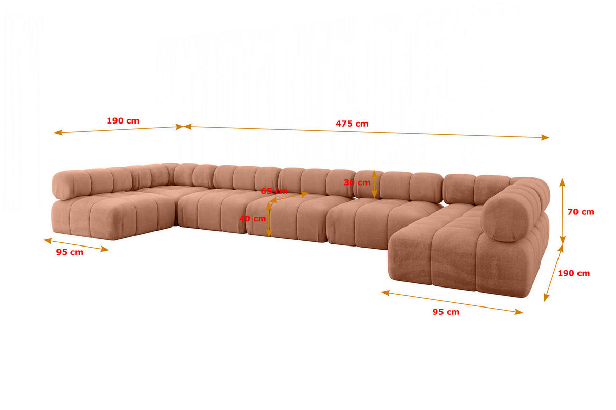 WOHNLANDSCHAFT modulares Sofa Garvo-U3 - 475x190x70 cm Apricot Velours - Koralle, Holzwerkstoff/Textil (475/70/190cm) - ALTDECOR