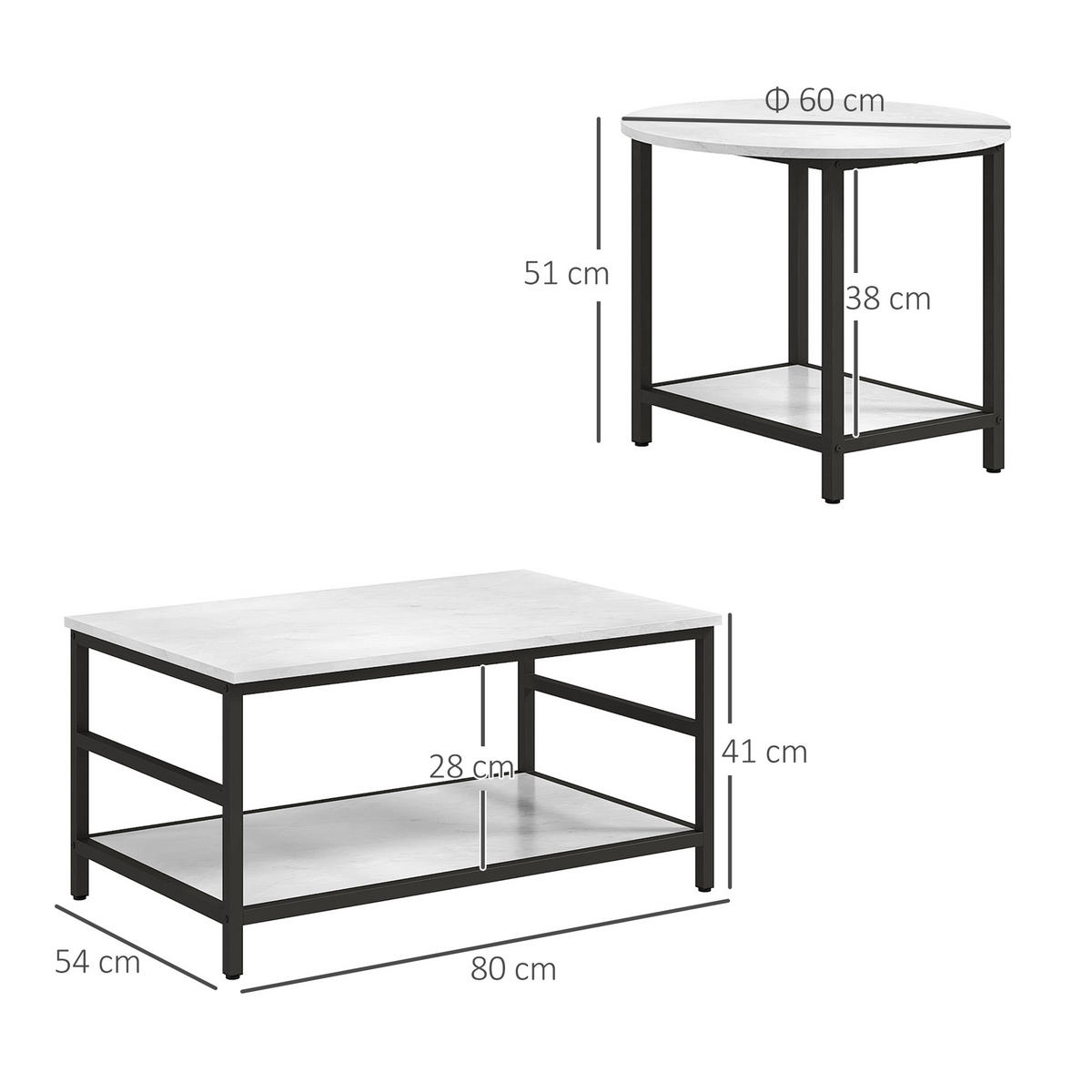 COUCHTISCH 2er-Set Beistelltisch, Kaffeetisch Satztisch mit Marmoroptik Stahl - Multicolor/Schwarz, Holzwerkstoff/Metall (80/54/41cm) - HOMCOM