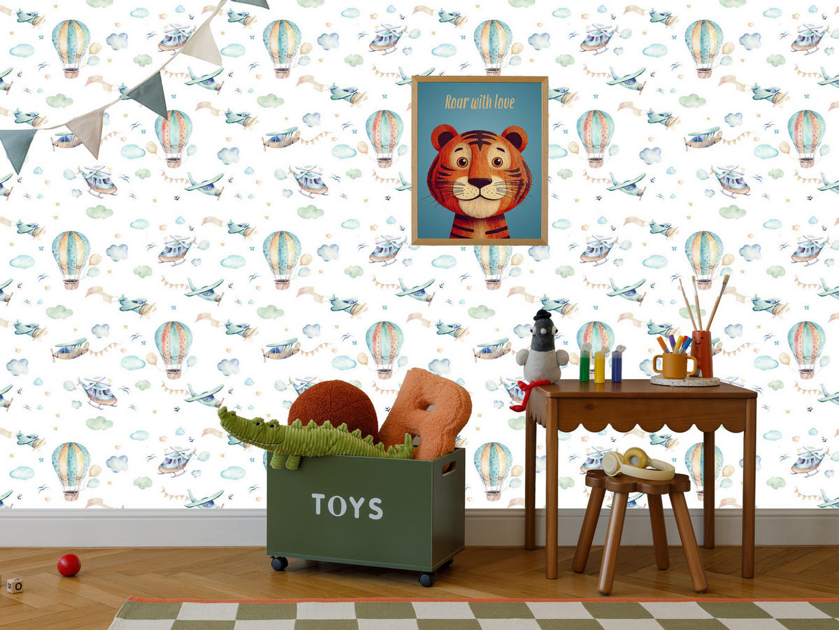 VLIESTAPETE Flugzeuge, Hubschrauber und Ballons – Pastellbunt, Weiß – 50x1000 cm - Multicolor/Weiß, Papier (50/1000cm) - Muralo