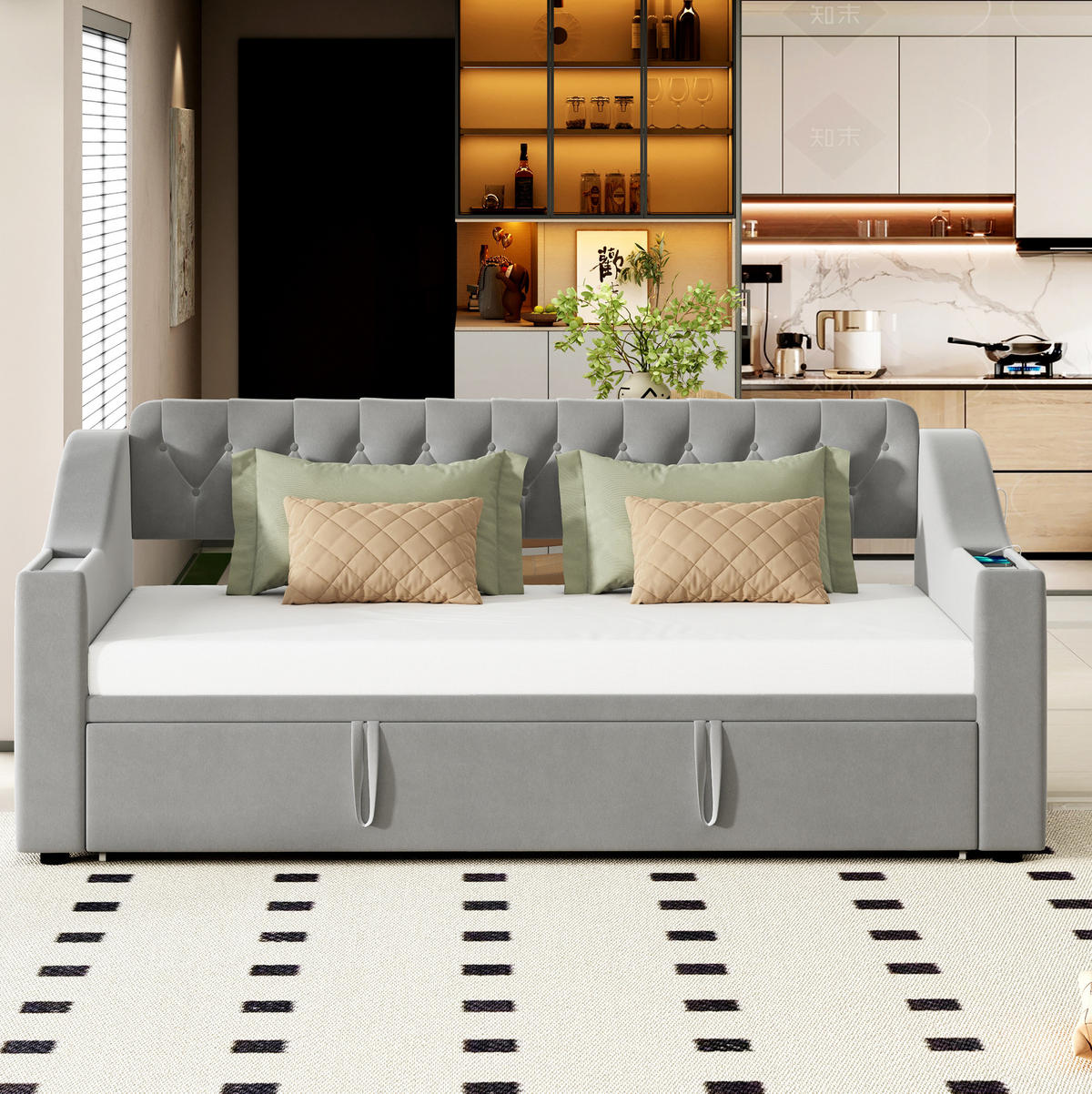 POLSTERBETT 90/180×190 cm Grau aus Samt mit USB- und Type-C-Anschlüssen - Grau, Textil (90/180cm) - Flora Grace