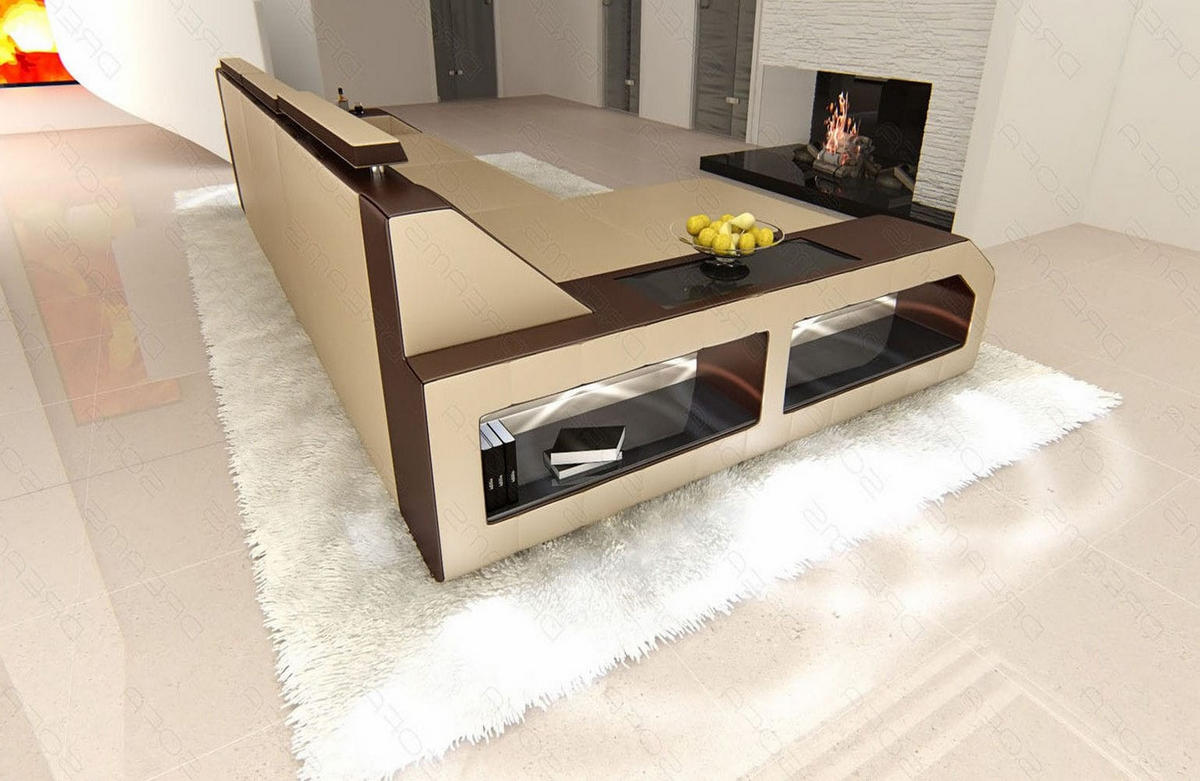 COUCH Arezzo L Sandbeige Dunkelbraun Ledermix - Sandfarben, Textil (308/194cm)