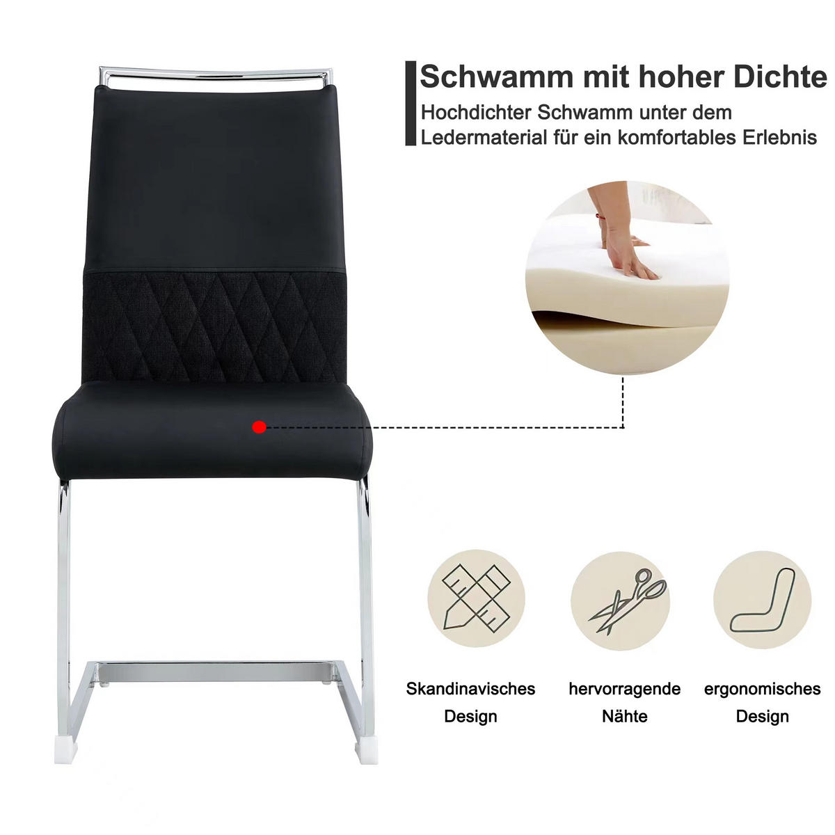 STUHL 4er Set mit ergonomischer Rückenlehne, Kunstleder & Leinen Bezug, 7 cm dicker Sitzpolsterung und Fußpolstern im modernen Design, schwarz - Schwarz, Metall (48/95/42cm) - Luhomfu