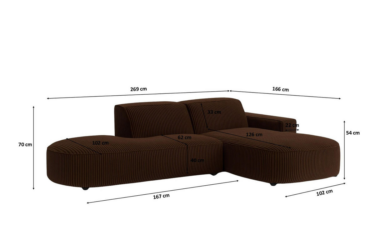 ECKSOFA Cursal Atelier, Stoff Poso, Braun, Rechts - Braun, Holz (269/166cm) - Kaiser Möbel