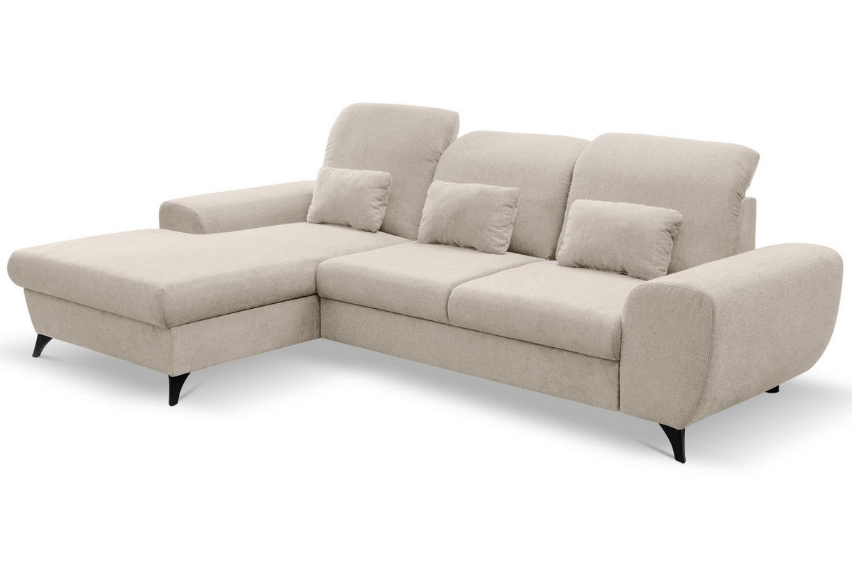 ECKSOFA LUCE L-S Creme Plüsch-Stoff mit Schlaffunktion - Creme, Holz (279/172cm) - MASSENO